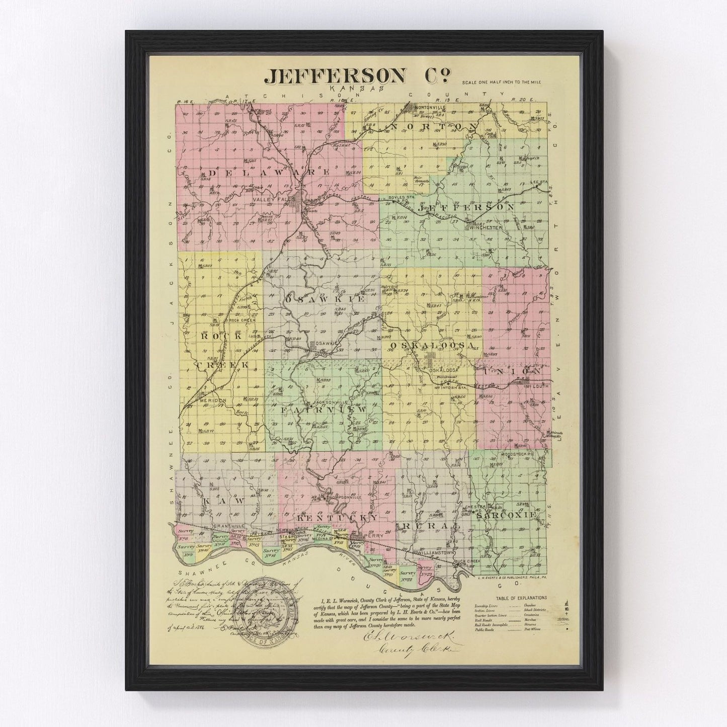 Vintage map of Jefferson County, Kansas, 1887