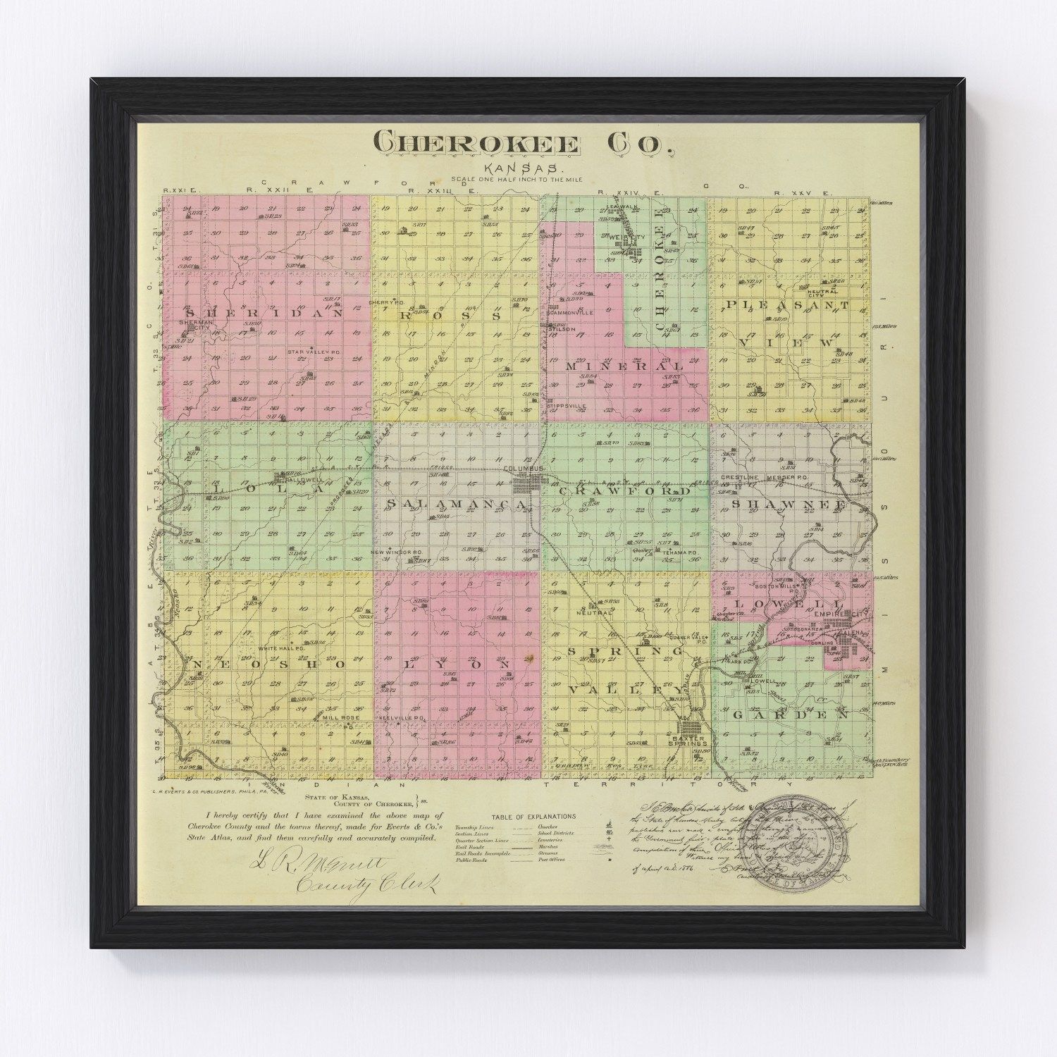 Vintage restored map of Cherokee County, Kansas, 1887, with Baxter Springs and Columbus