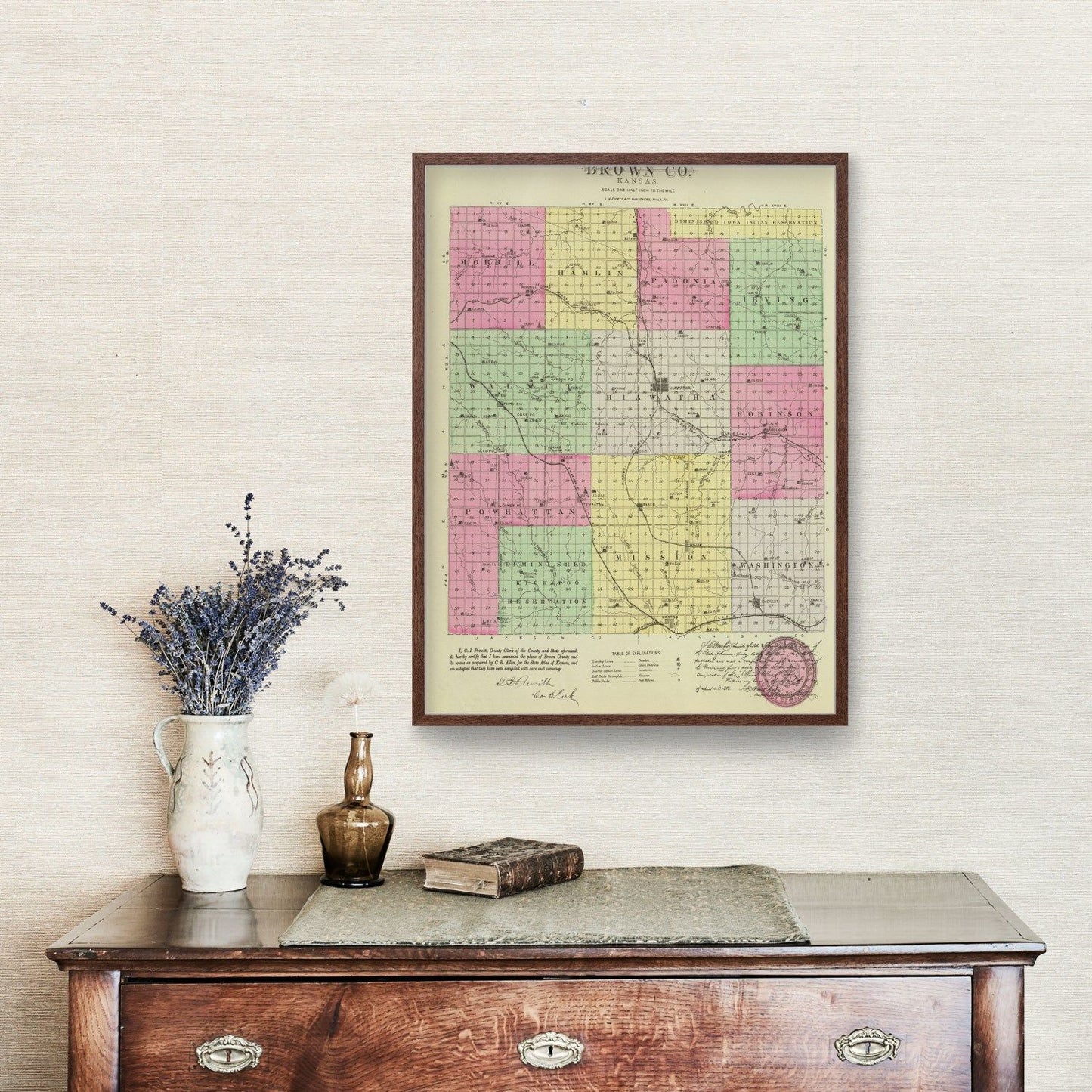 Vintage Map of Brown County, Kansas 1887 Wall Art