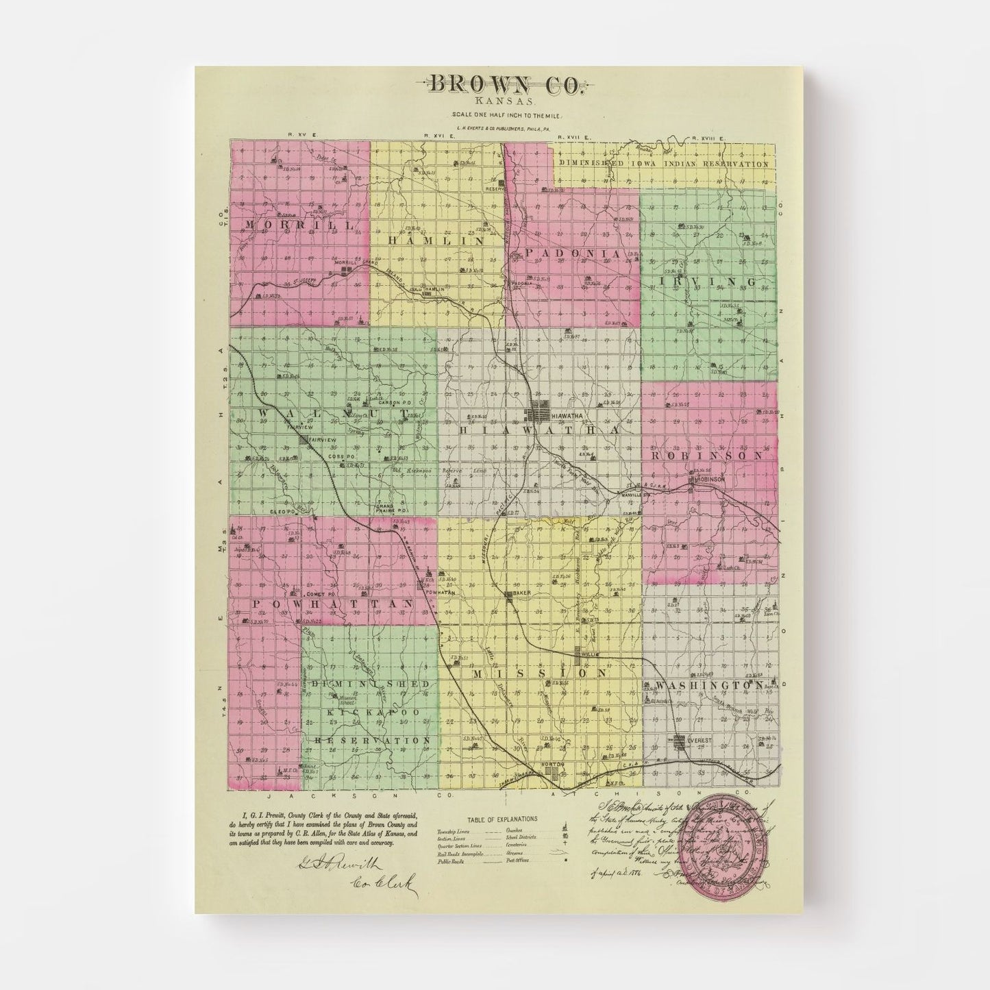 Vintage Map of Brown County, Kansas 1887 Wall Art