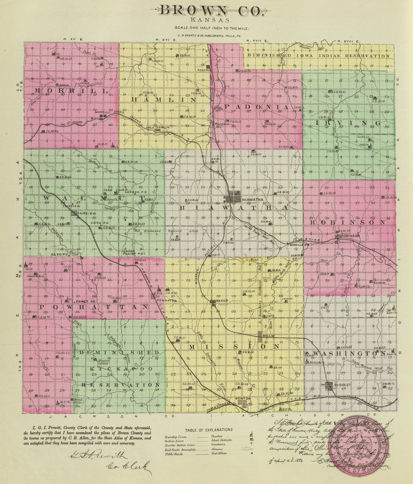 Vintage Map of Brown County, Kansas 1887 Wall Art