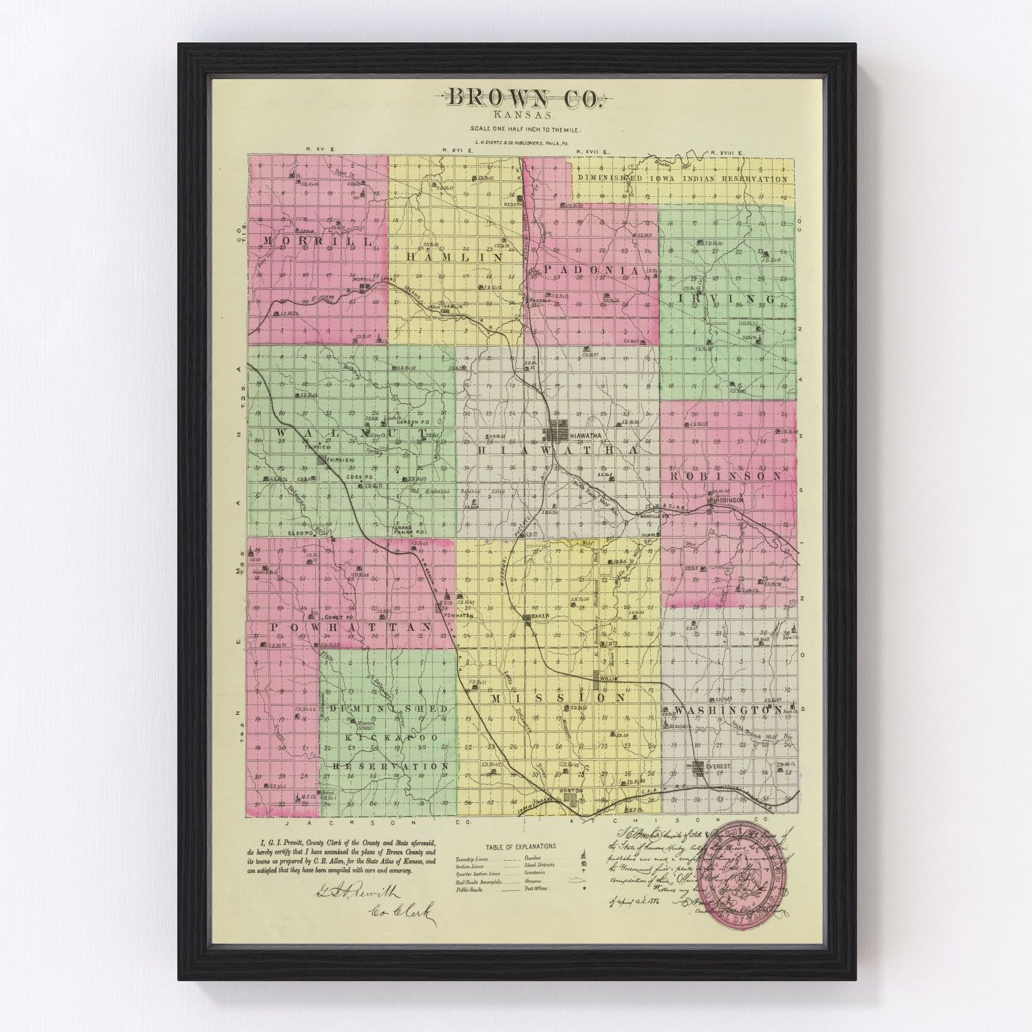 Vintage map of Brown County, Kansas, 1887 - digitally restored cartographic print