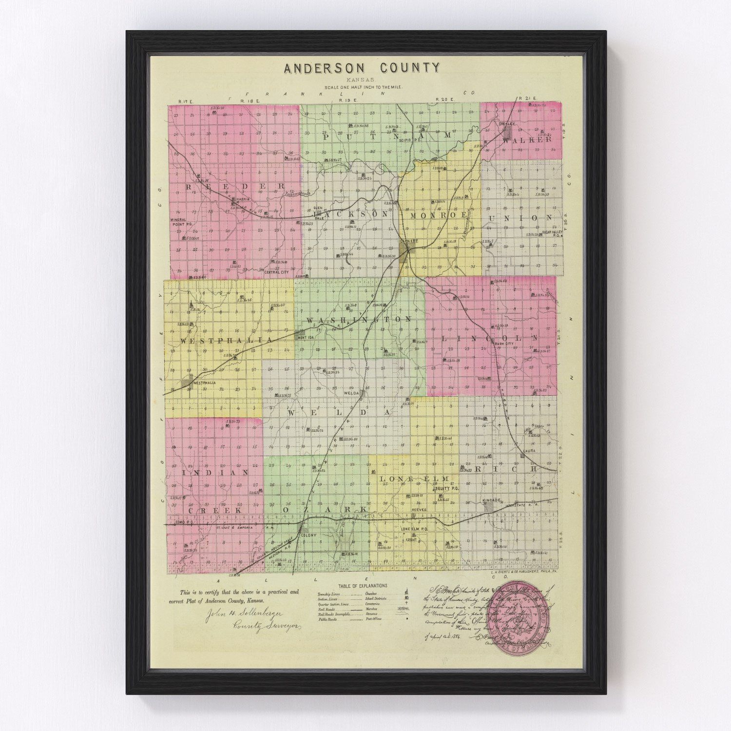 Vintage map of Anderson County, Kansas, 1887 - restored print