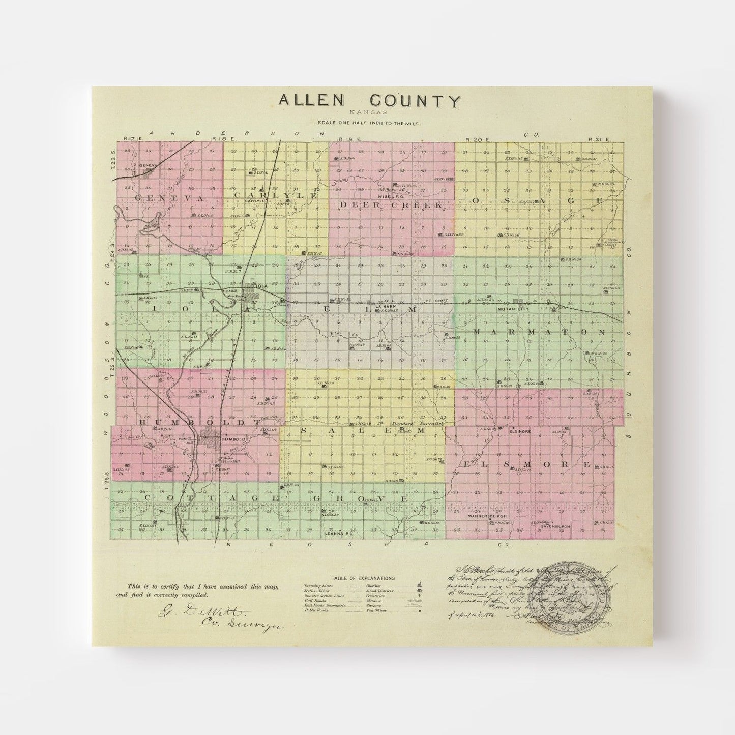 Vintage Map of Allen County, Kansas, 1887