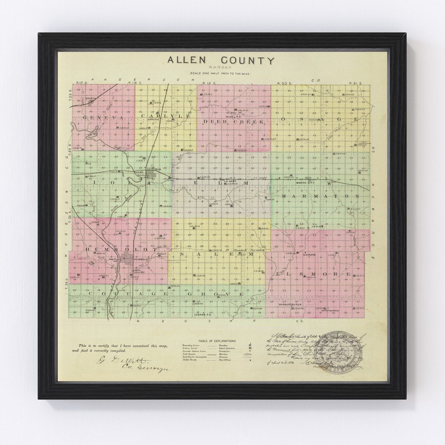 Vintage map of Allen County, Kansas, 1887, digitally restored print