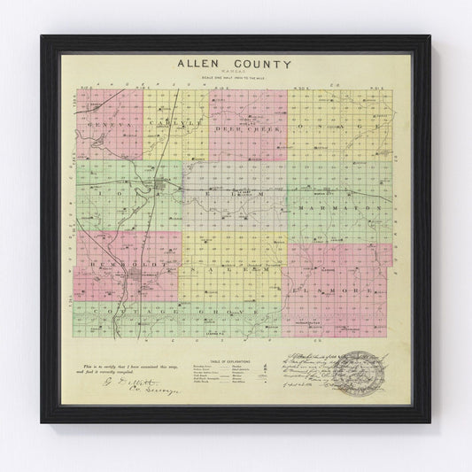Vintage map of Allen County, Kansas, 1887, digitally restored print