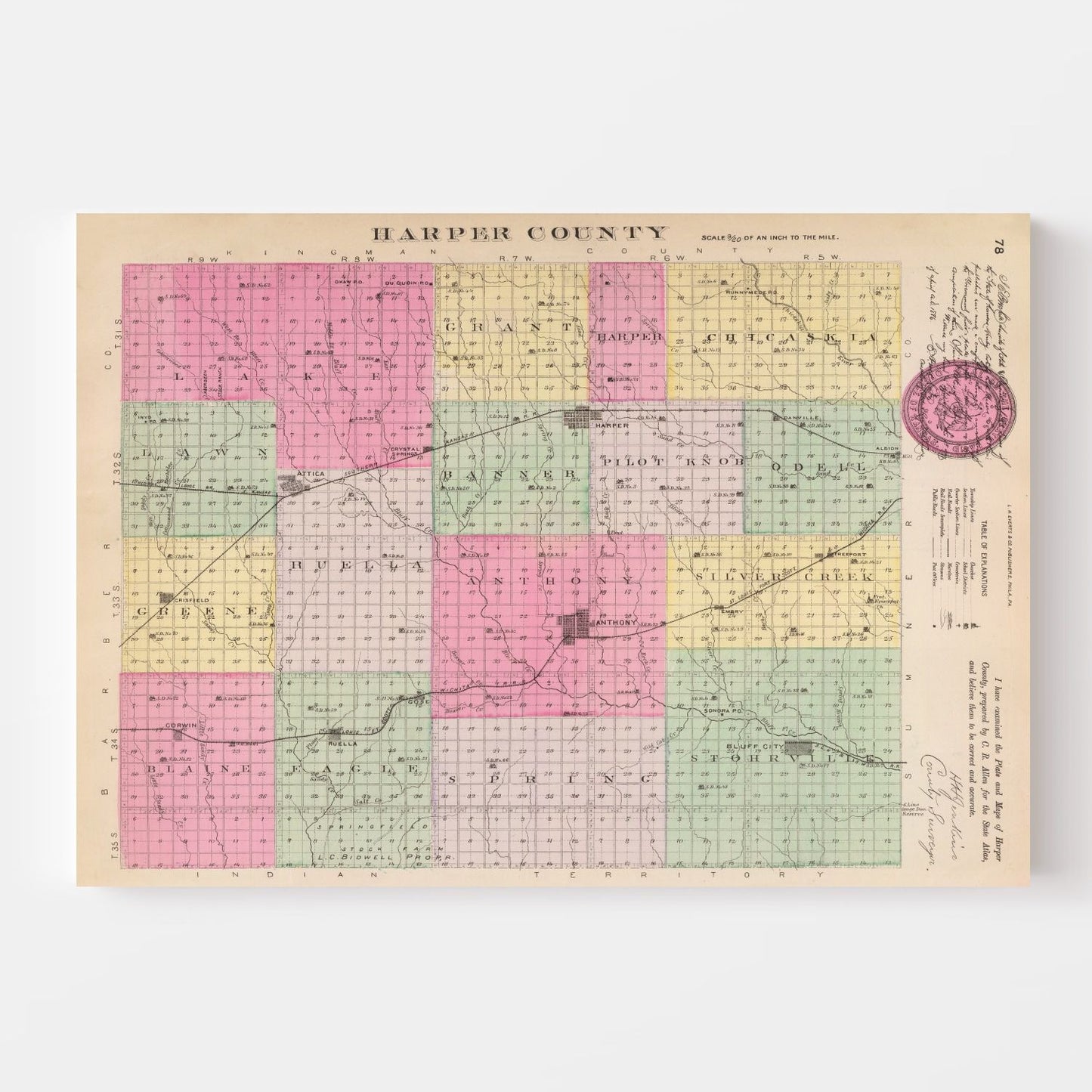 Vintage Map of Harper County, Kansas, 1887
