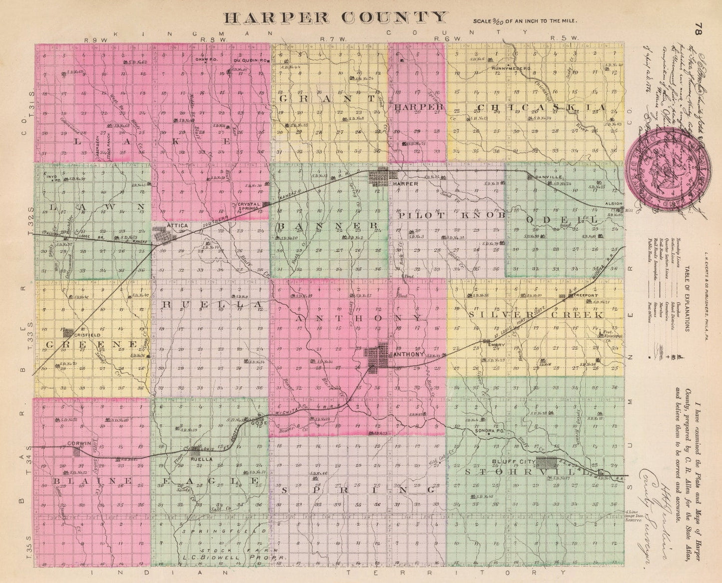 Vintage Map of Harper County, Kansas, 1887