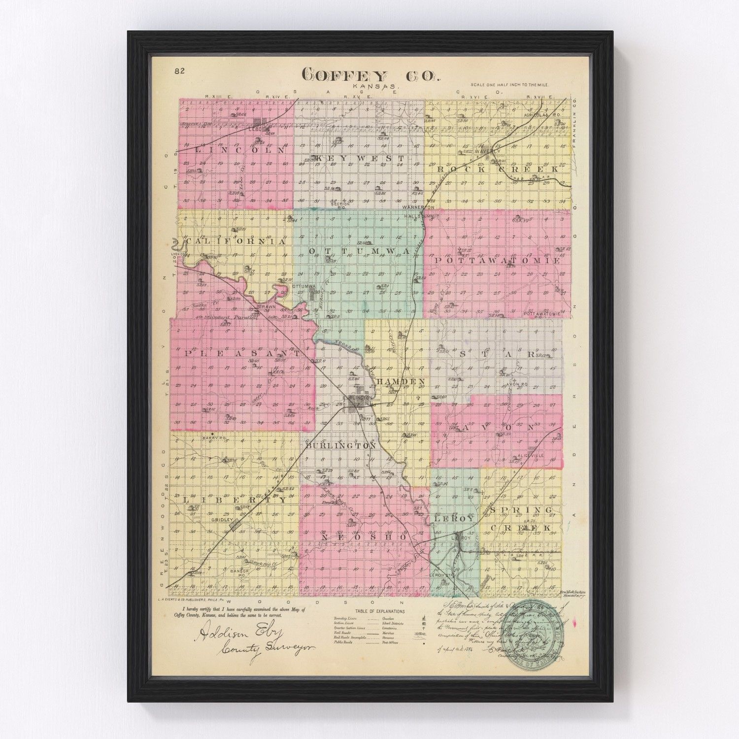 vintage map of Coffey County, Kansas, 1887
