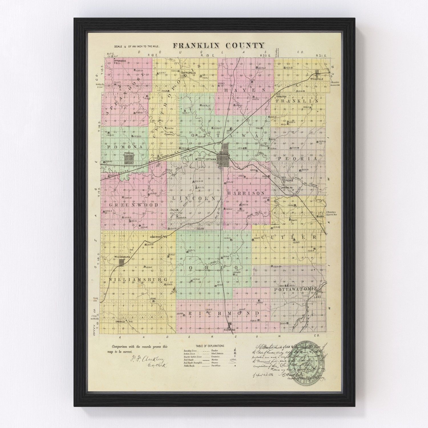 vintage map of Franklin County, Kansas, 1887