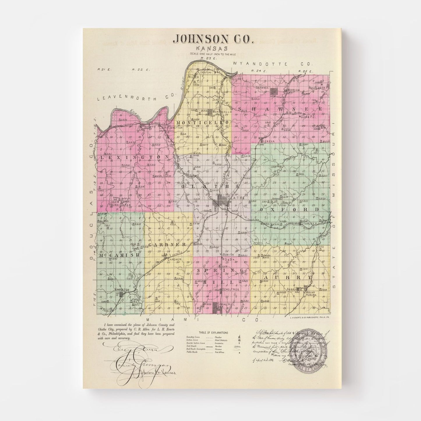 Vintage Map of Johnson County, Kansas, 1887