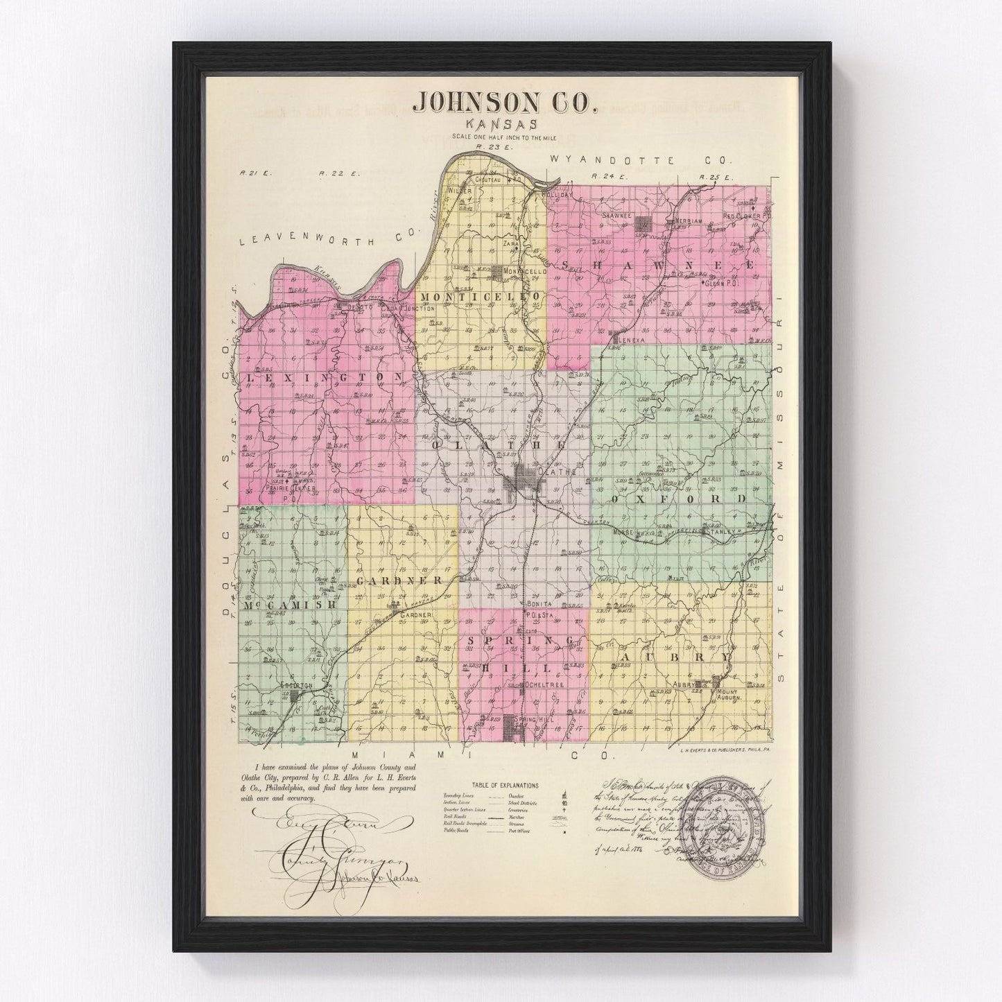 Vintage map of Johnson County, Kansas, 1887