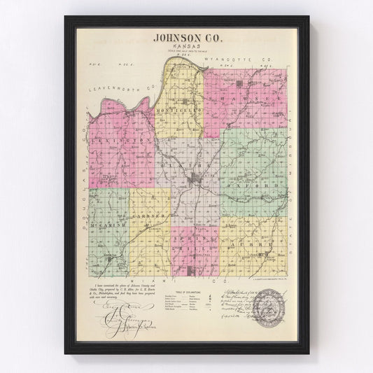 Vintage map of Johnson County, Kansas, 1887