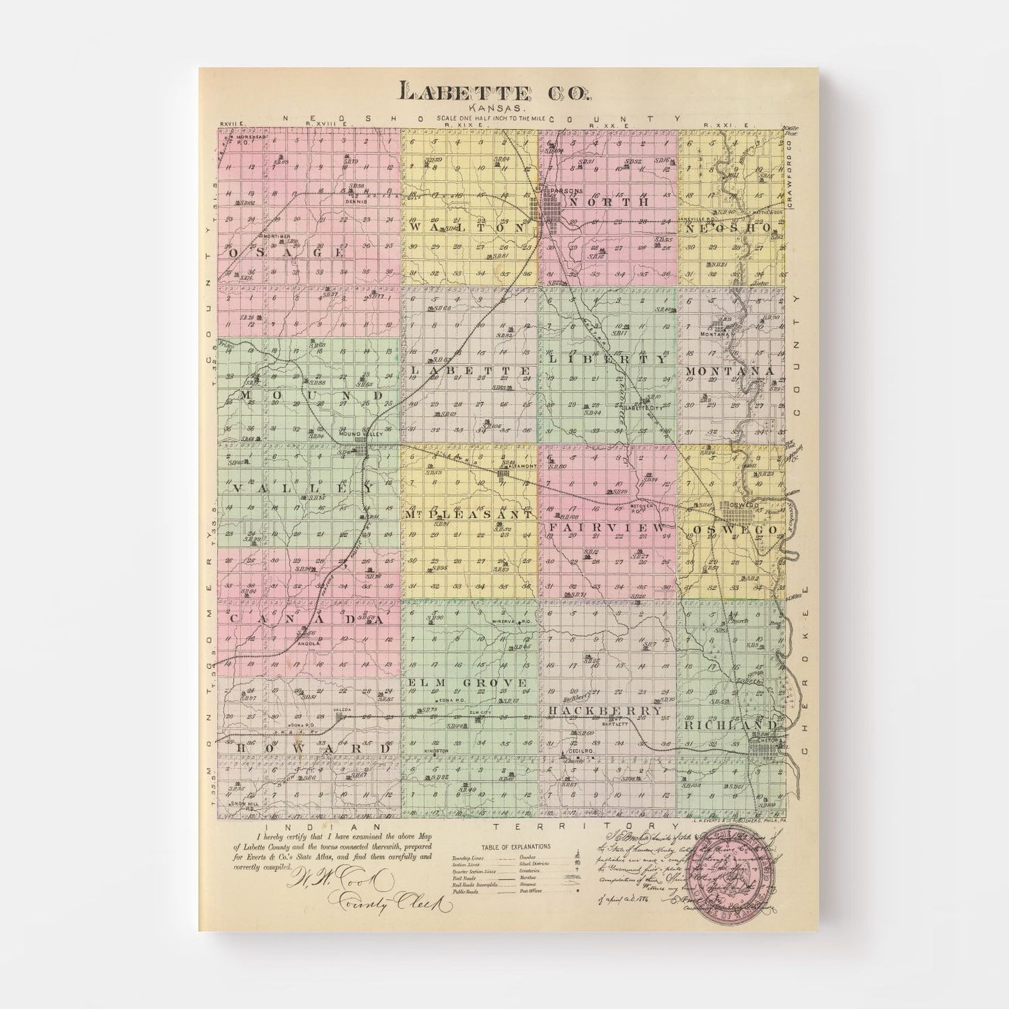 Vintage Map of Labette County, Kansas, 1887