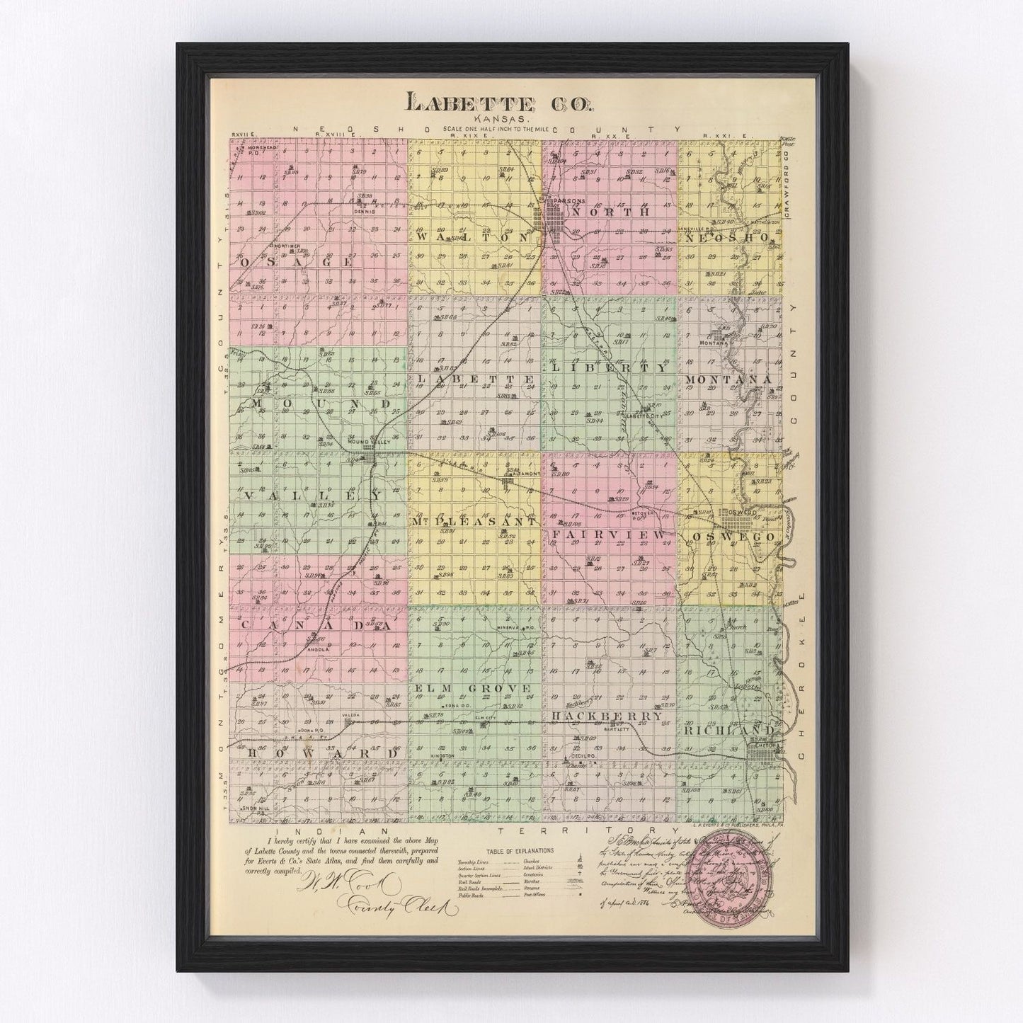 vintage map of Labette County, Kansas, 1887