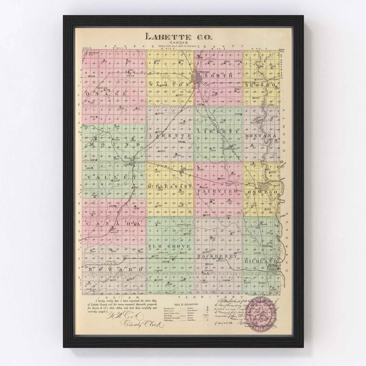 vintage map of Labette County, Kansas, 1887