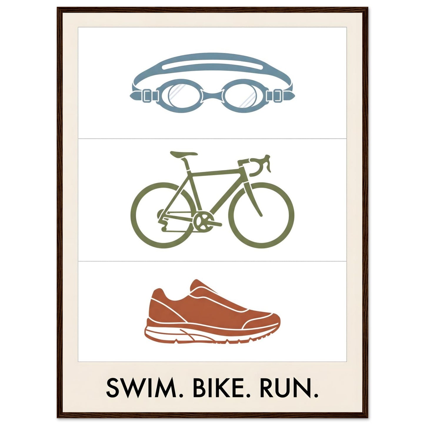 Swim Bike Run Poster: Minimalist Triathlon Icons Wall Art - 60x80 cm / 24x32″ - Dark wood frame / Ready-to-hang - Sparkycare