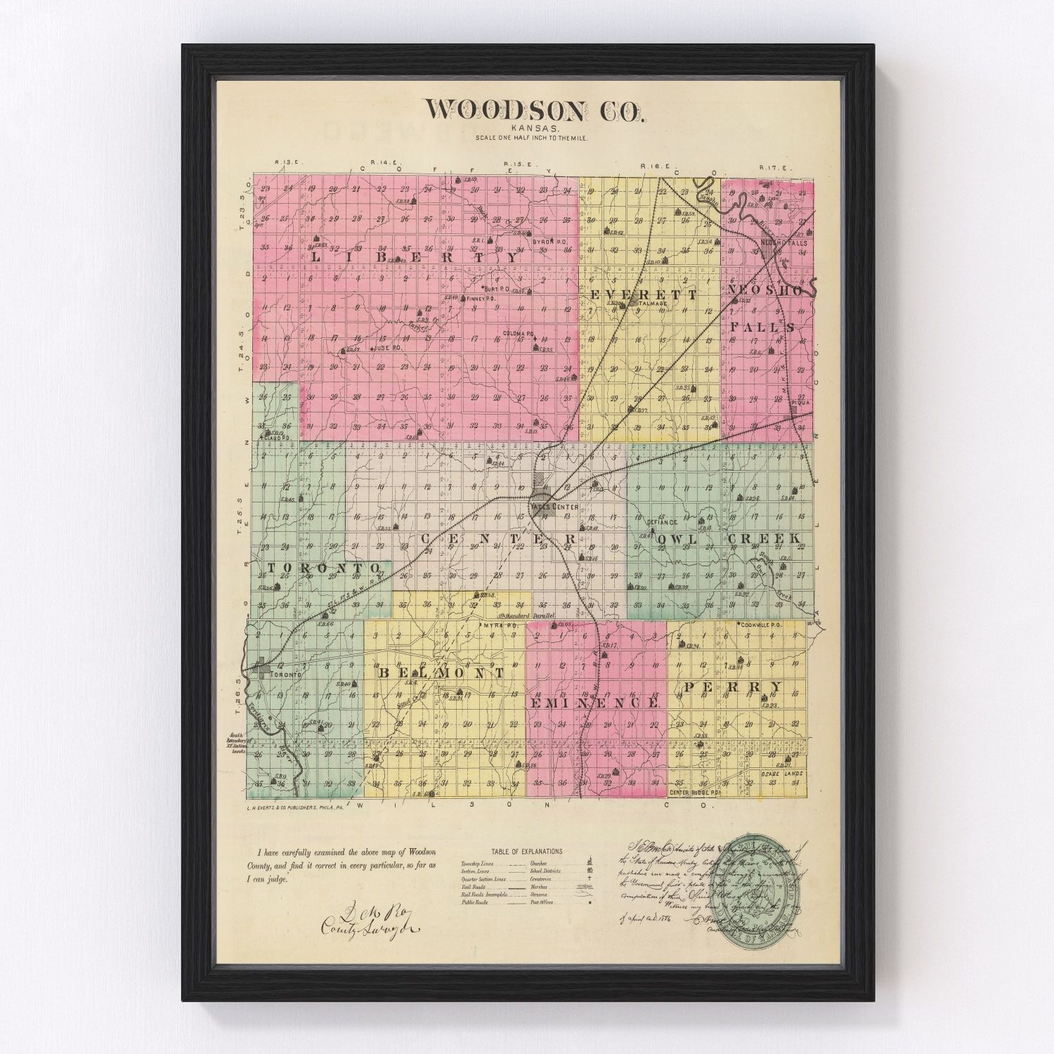 Vintage map of Woodson County, Kansas, 1887, digitally restored