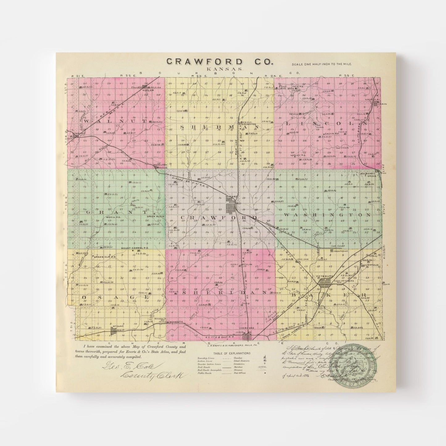 Vintage Map of Crawford County, Kansas 1887