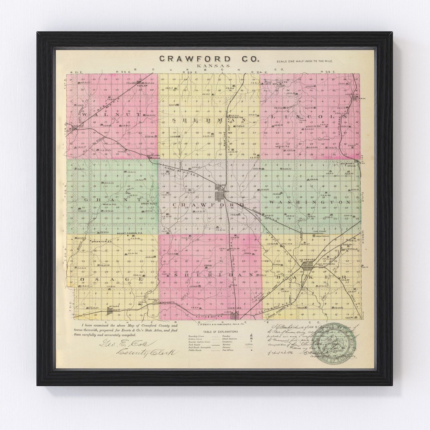 Vintage map of Crawford County, Kansas, 1887