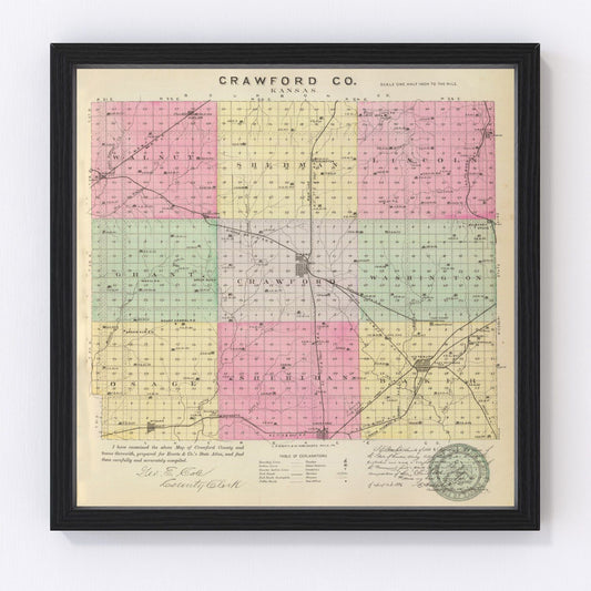 Vintage map of Crawford County, Kansas, 1887