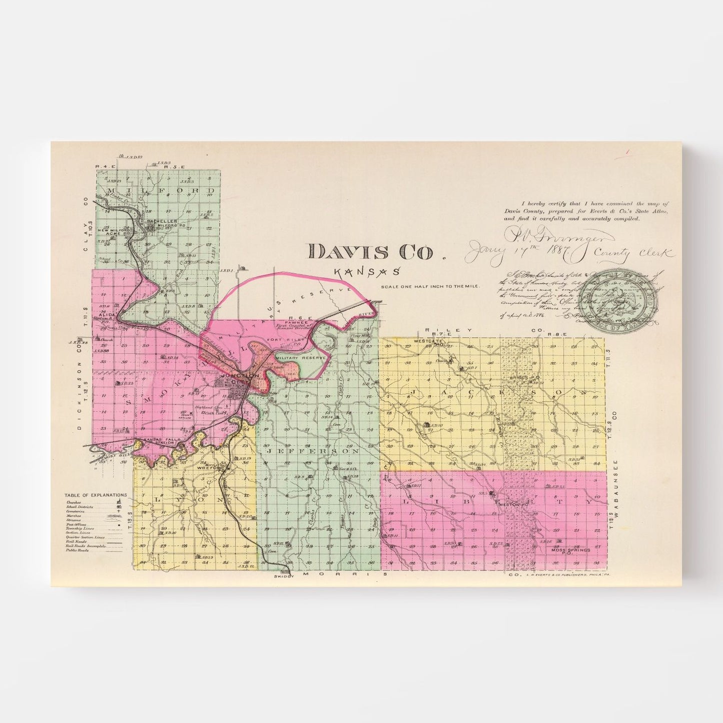 Vintage Map of Davis County, Kansas, 1887