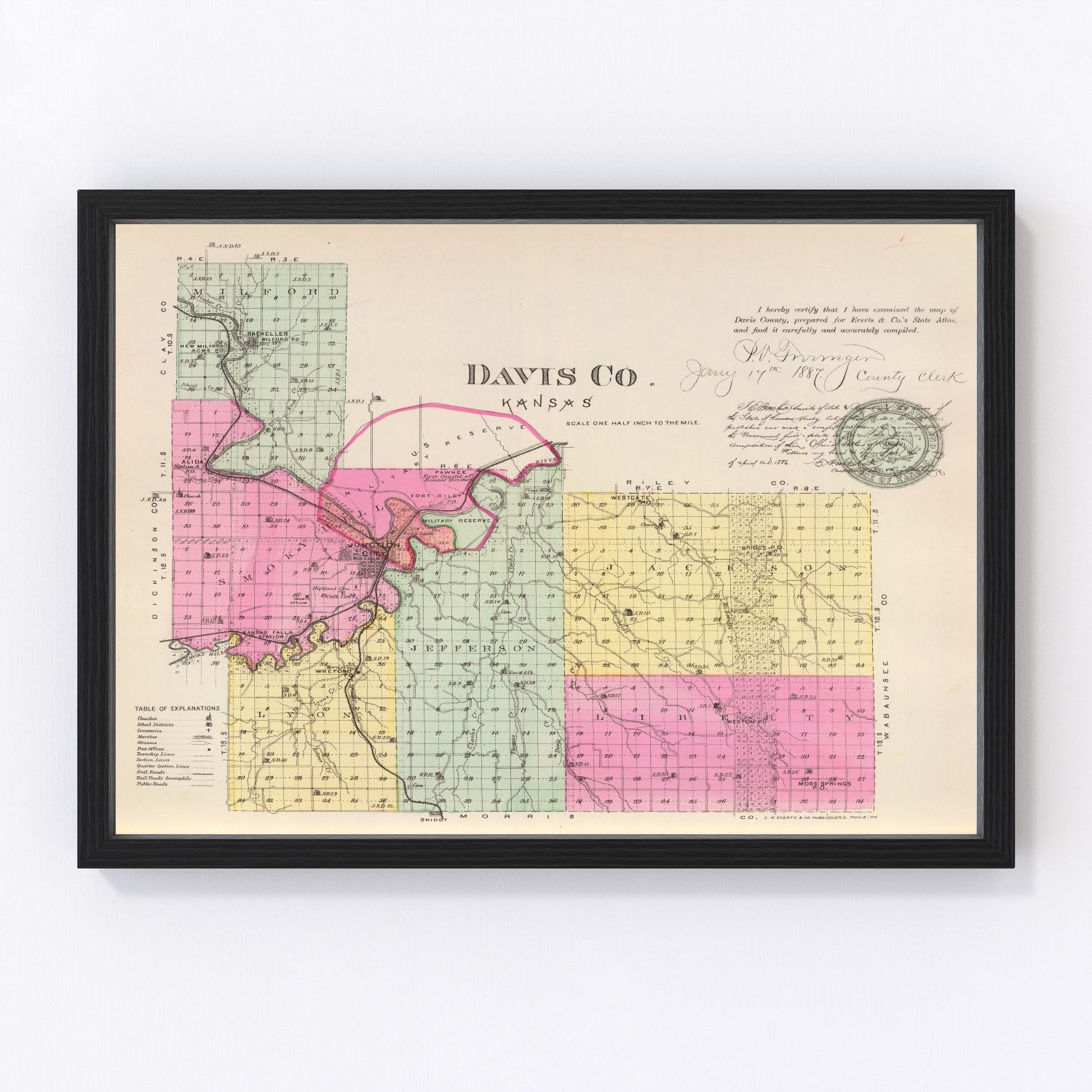 Vintage map of Davis County, Kansas, 1887