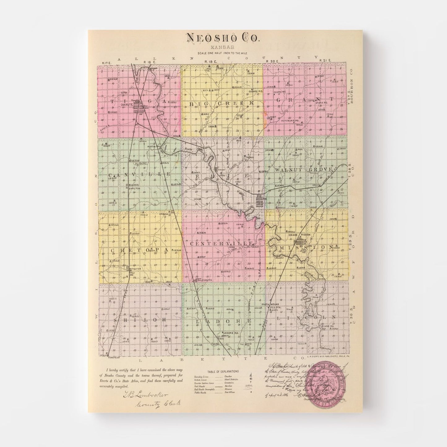 Vintage Map of Neosho County, Kansas, 1887