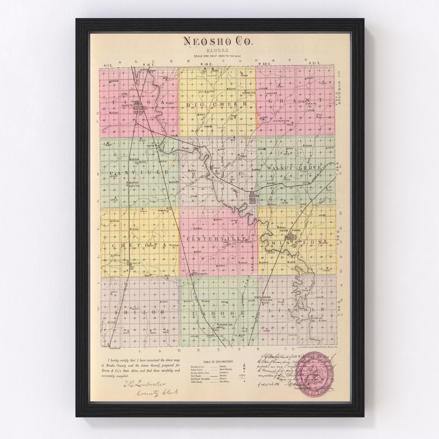 Vintage map of Neosho County, Kansas, 1887