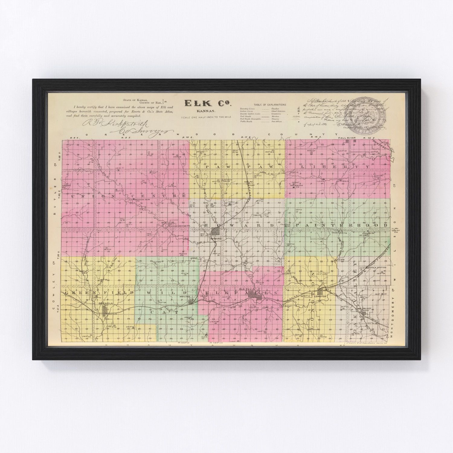 Vintage restored map of Elk County, Kansas, 1887, Flint Hills township cartography
