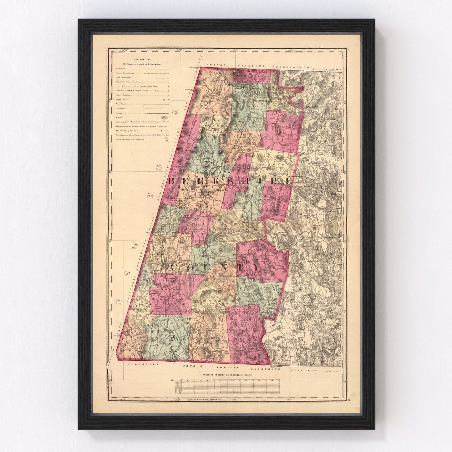 Vintage map of Berkshire County, Massachusetts, 1871, Pittsfield area restored print