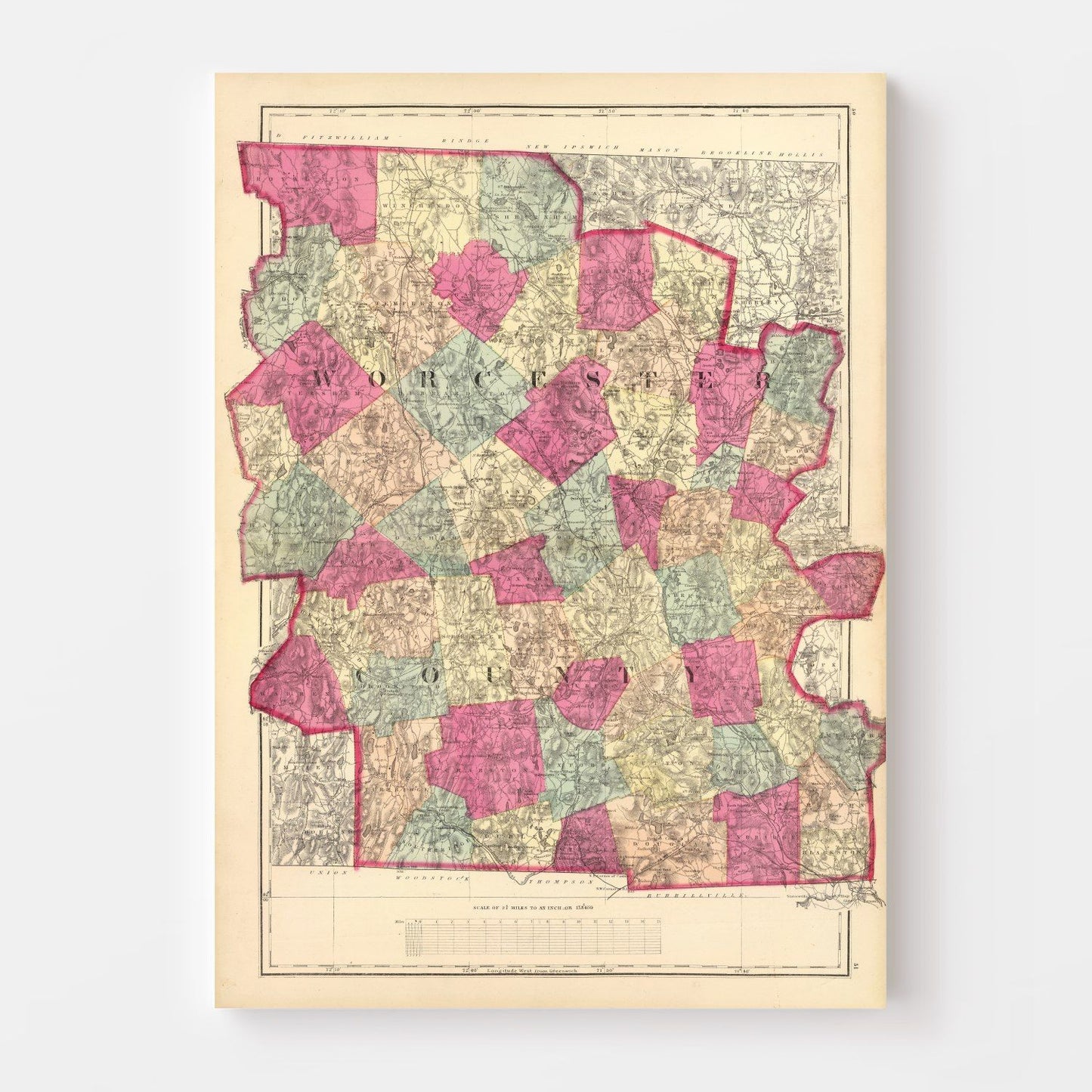 Vintage Map of Worcester County, Massachusetts, 1871