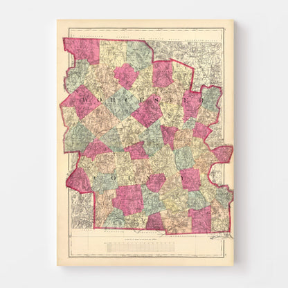 Vintage Map of Worcester County, Massachusetts, 1871