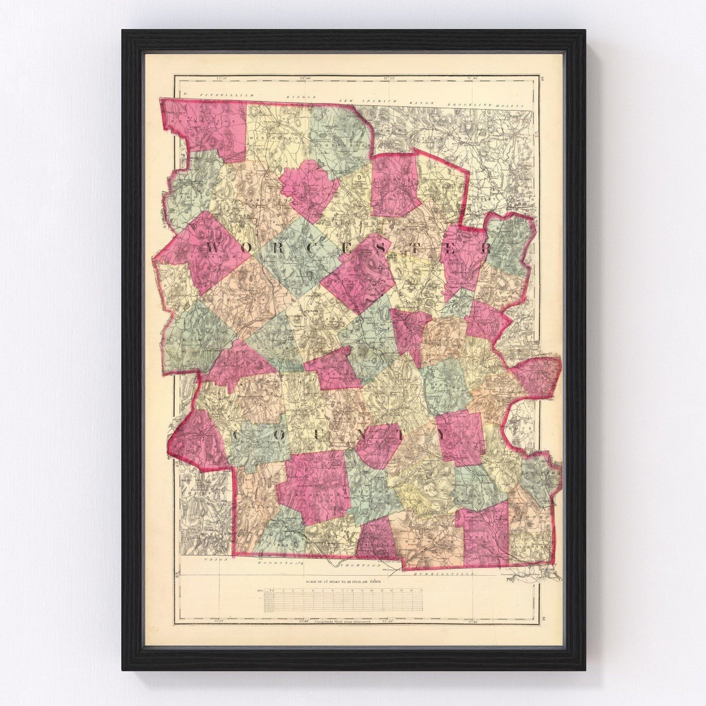 Vintage map of Worcester County, Massachusetts, 1871, restored print
