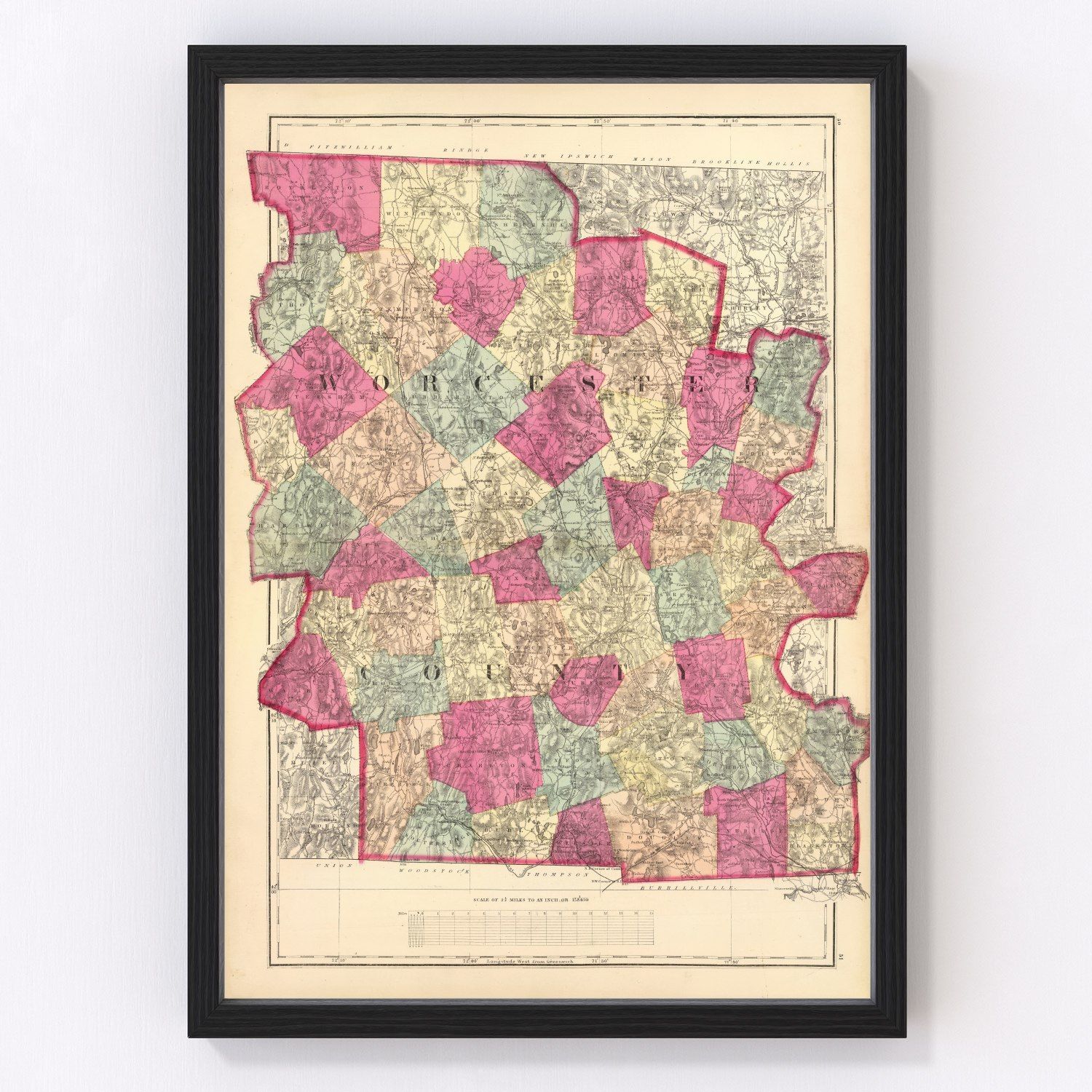 Vintage map of Worcester County, Massachusetts, 1871, restored print