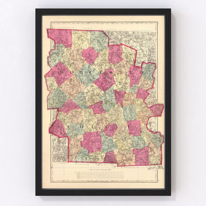 Vintage map of Worcester County, Massachusetts, 1871, restored print