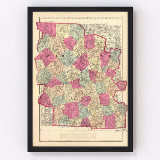 Vintage map of Worcester County, Massachusetts, 1871, restored print
