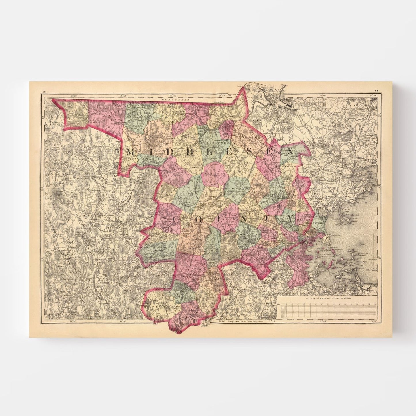Vintage Map of Middlesex County, Massachusetts, 1871