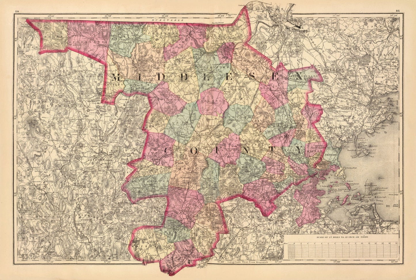 Vintage Map of Middlesex County, Massachusetts, 1871