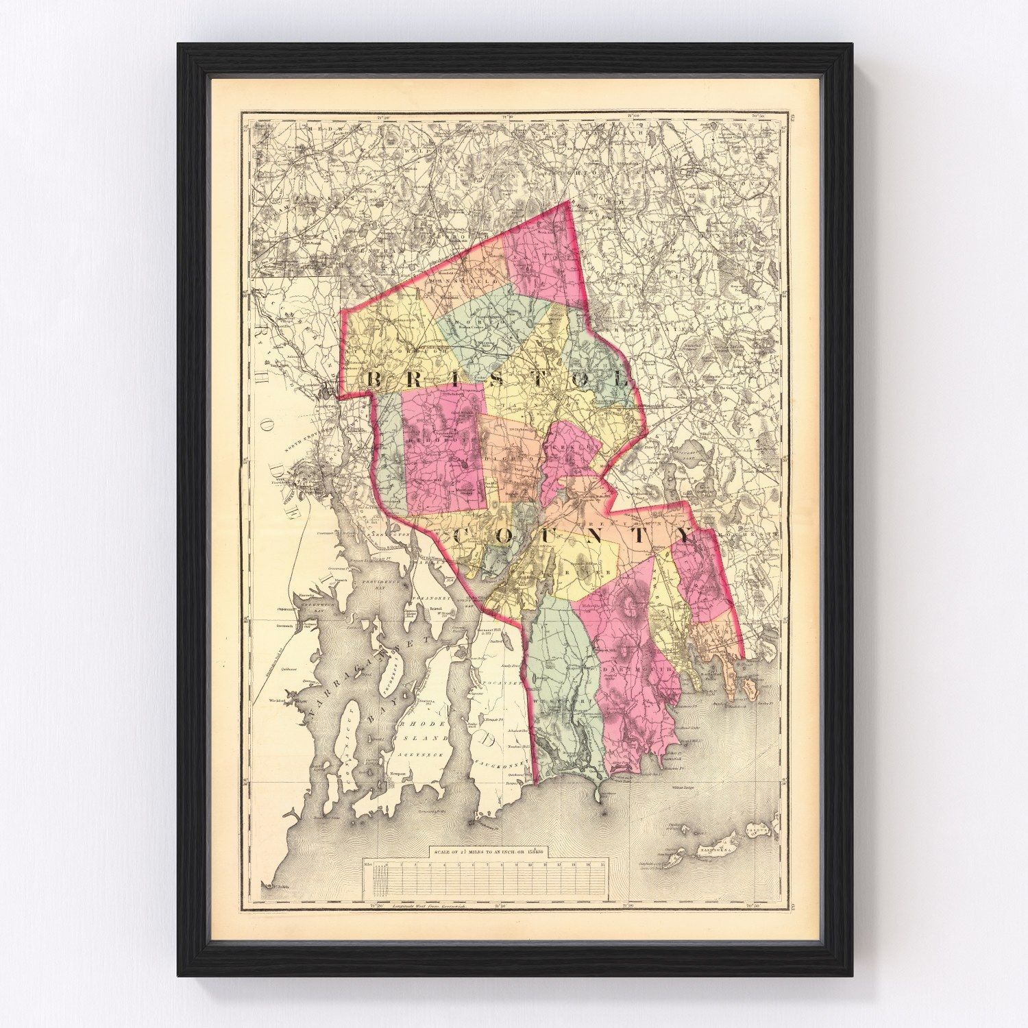 Vintage map of Bristol County, Massachusetts, 1871, New Bedford area restored print