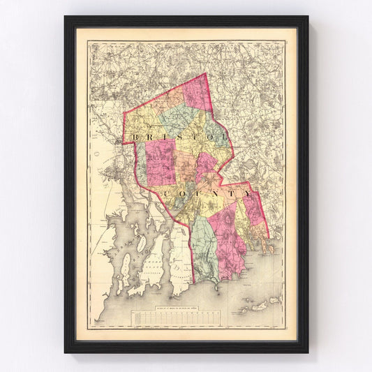 Vintage map of Bristol County, Massachusetts, 1871, New Bedford area restored print