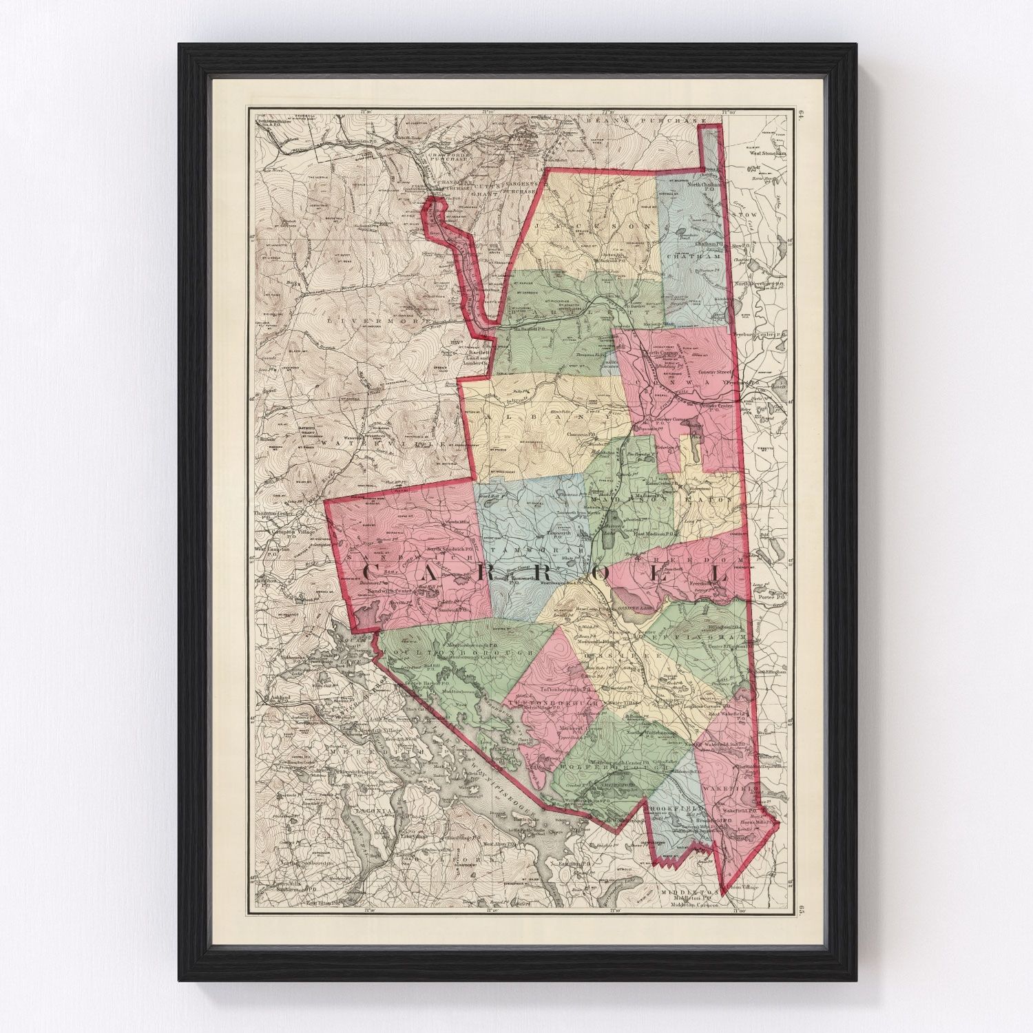 Vintage map of Carroll County, New Hampshire, 1877, restored vintage wall art print