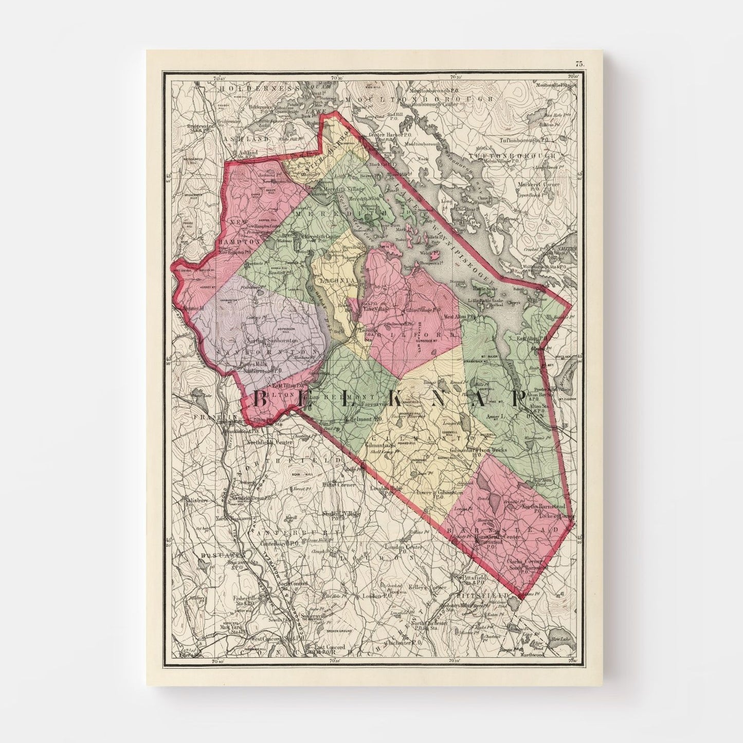 Vintage Map of Belknap County, New Hampshire, 1877 Wall Art