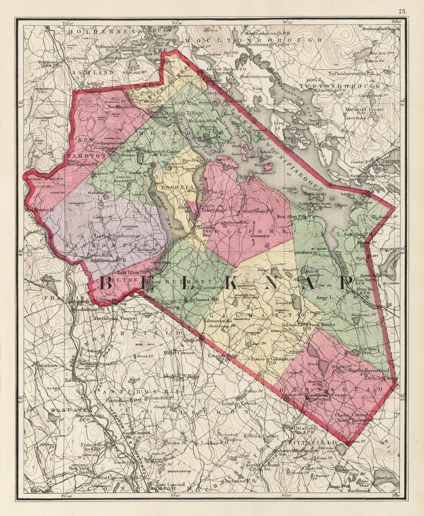 Vintage Map of Belknap County, New Hampshire, 1877 Wall Art