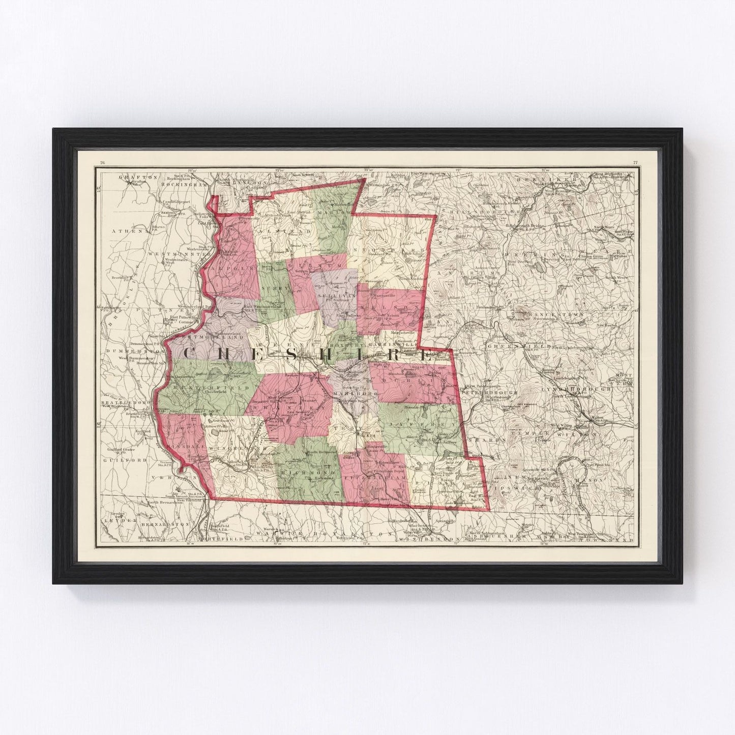 Vintage map of Cheshire County, New Hampshire, 1877, digitally restored print