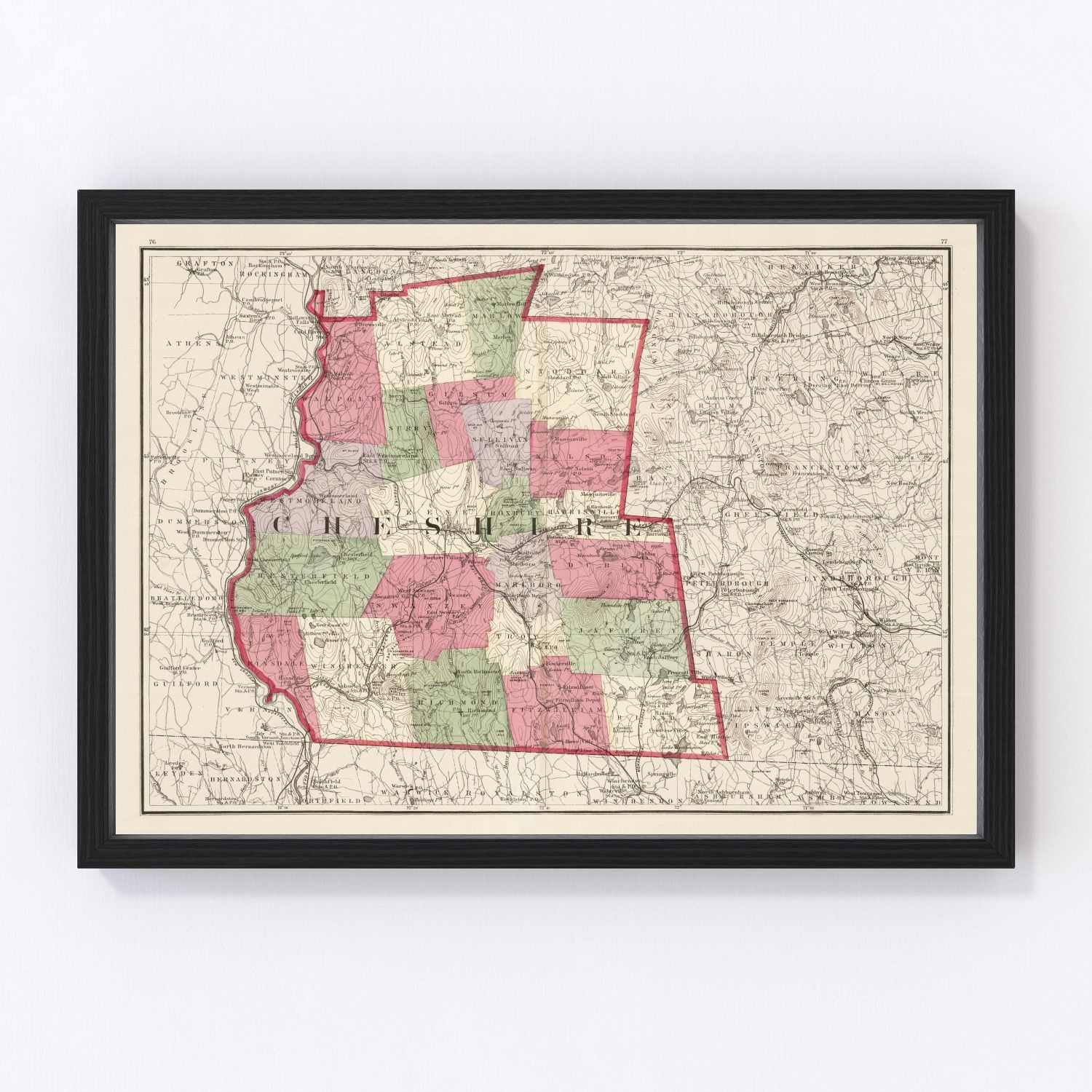 Vintage map of Cheshire County, New Hampshire, 1877, digitally restored print