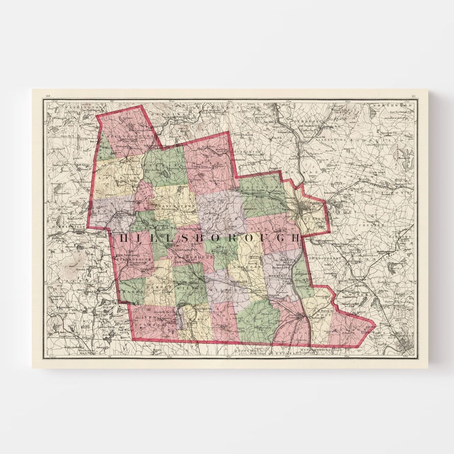 Vintage Map of Hillsborough County, New Hampshire, 1877