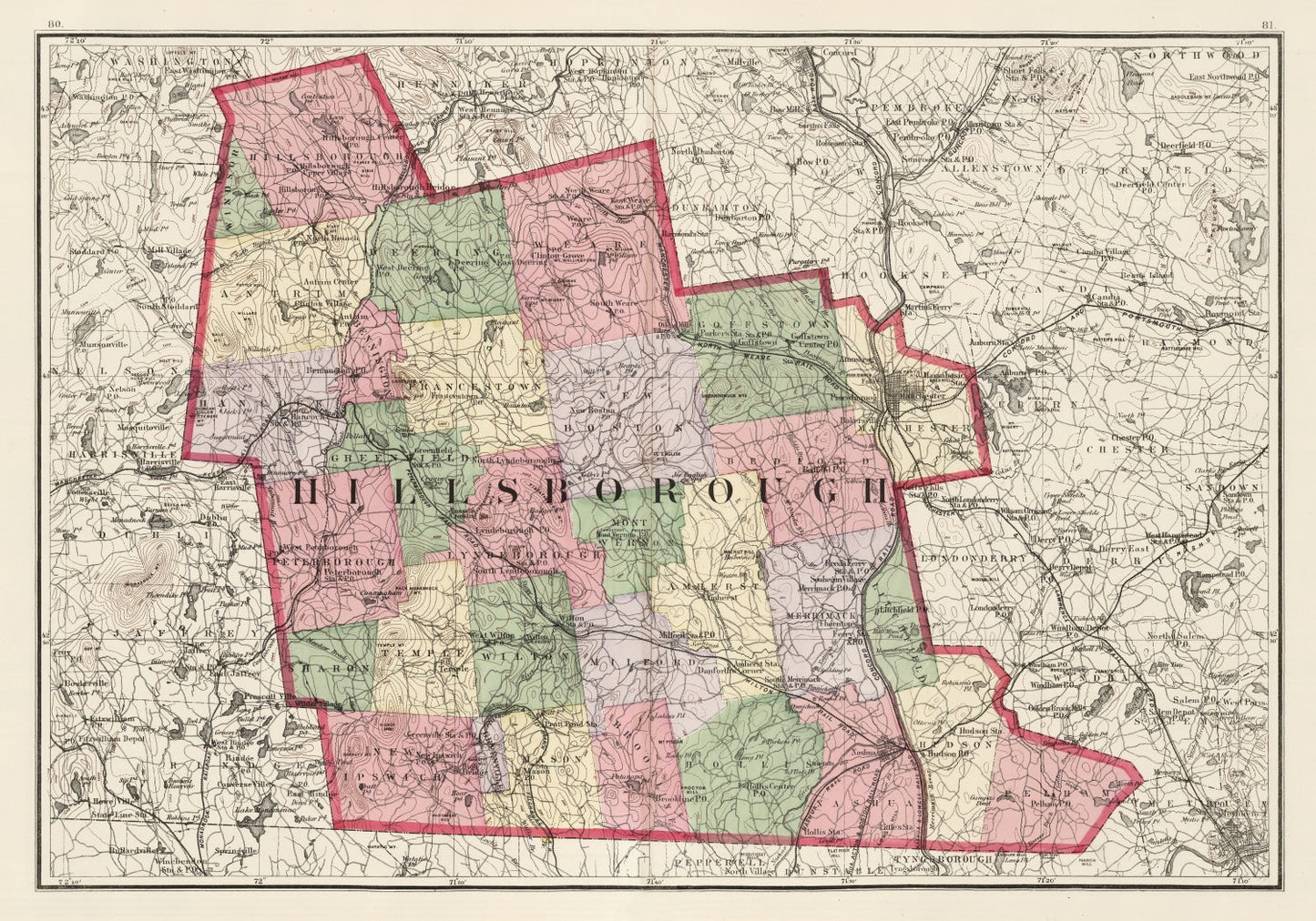 Vintage Map of Hillsborough County, New Hampshire, 1877