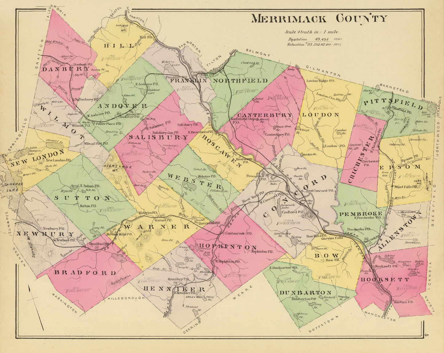 Vintage Map of Merrimack County, New Hampshire, 1892