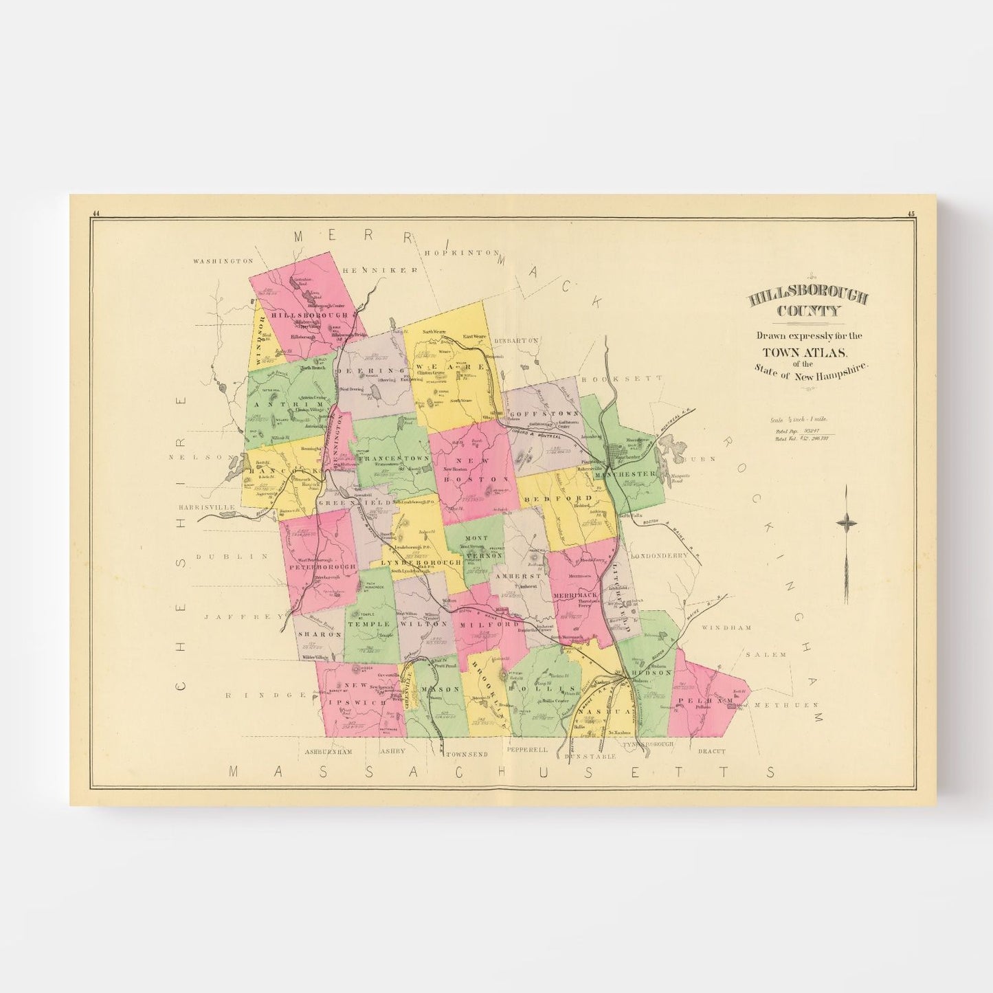 Vintage Map of Hillsborough County, New Hampshire, 1892